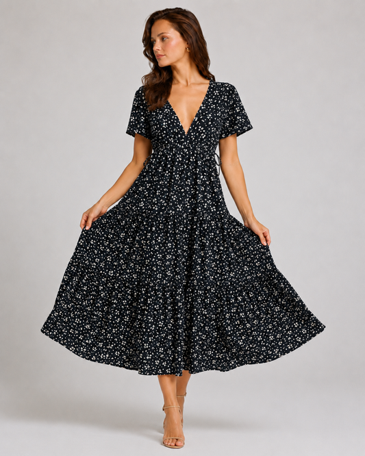 Long Dress Women Summer Boho Sexy Flowers Dress With V-neck