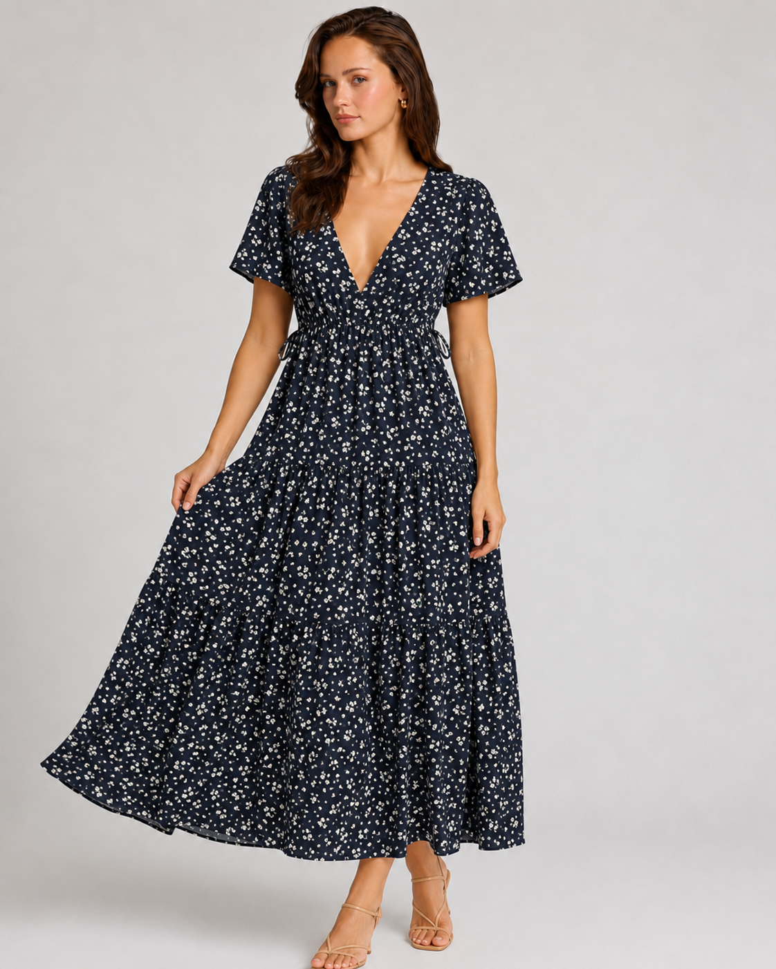 Long Dress Women Summer Boho Sexy Flowers Dress With V-neck
