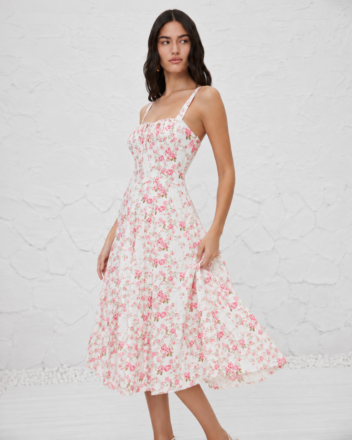 French-style Slip Dress With Side Slit And Print For Women