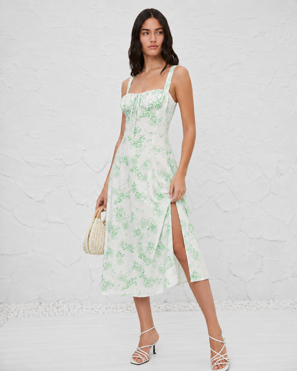 French-style Slip Dress With Side Slit And Print For Women