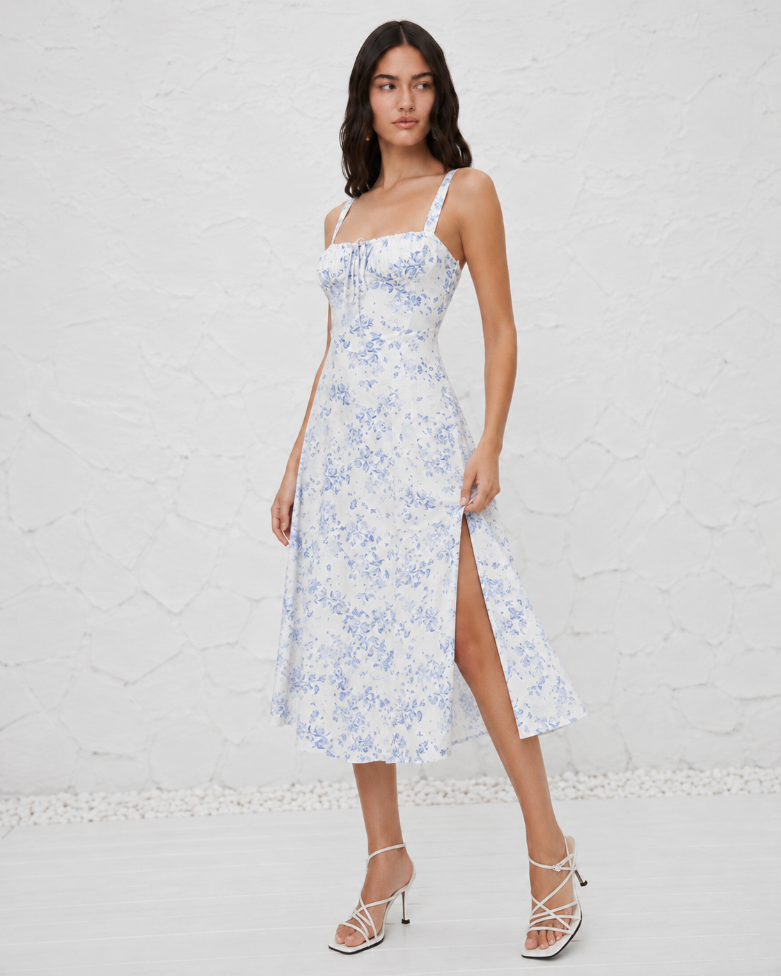 French-style Slip Dress With Side Slit And Print For Women