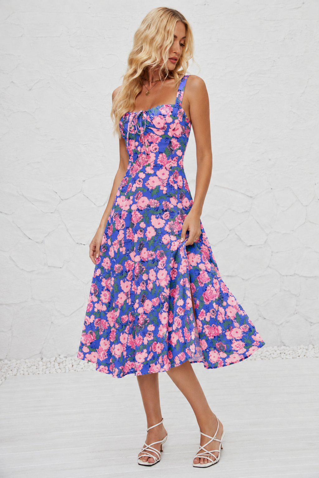 French-style Slip Dress With Side Slit And Print For Women