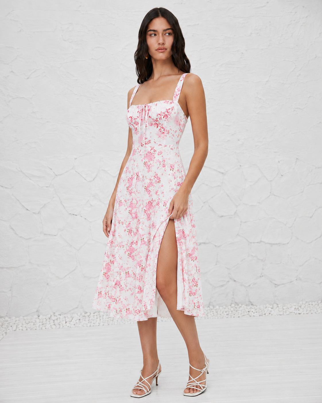 French-style Slip Dress With Side Slit And Print For Women