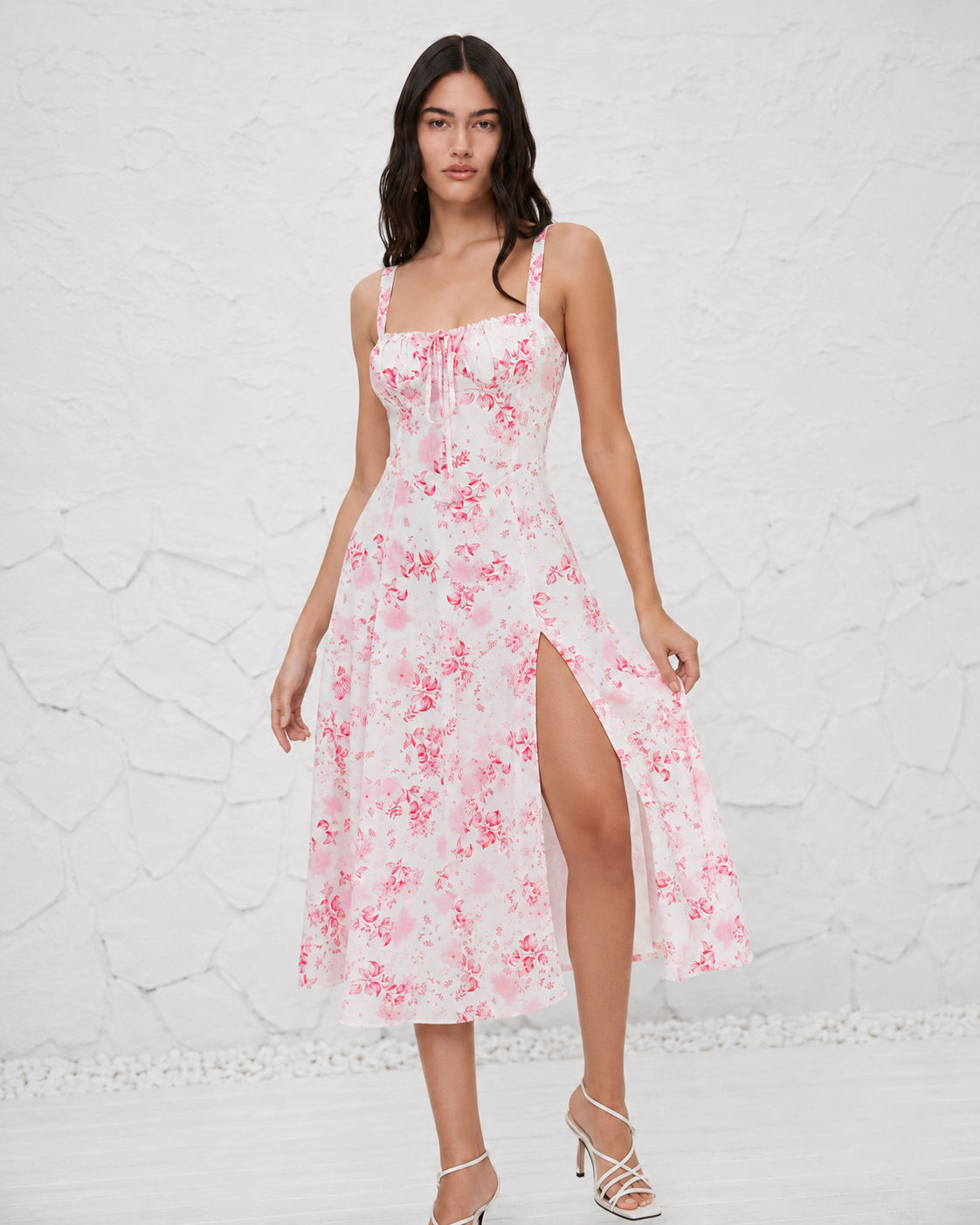 French-style Slip Dress With Side Slit And Print For Women