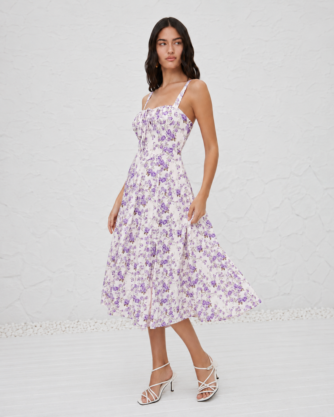 French-style Slip Dress With Side Slit And Print For Women